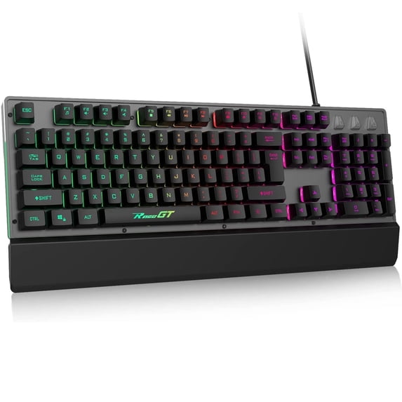 RaceGT Wired Mechanical Gaming Keyboard, RGB Backlit Computer Keyboard with Wrist Rest, 104 Keys Full Size Membrane Gaming Keyboard Splash-Proof Design Metal Panel for Windows, Mac, PC, Laptop