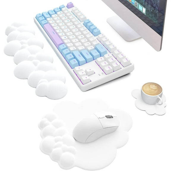 Gaming Keyboard Wrist Rest pad and mouse mat and Cloud Coaster set, Gel Memory Foam Keyboard Palm Rest, Ergonomic 3 in 1 set with Wrist Support for Home Office/Computer/Laptop/Gaming/Mac-White