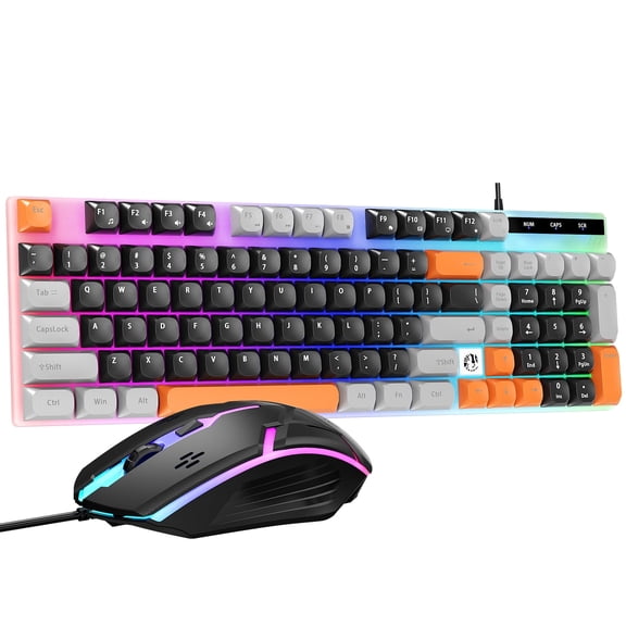 98-Key Gaming Keyboard and Mouse Combo, Rainbow RGB Backlit Keyboard and Mouse Wired with Tricolor Keycaps for PC Laptop