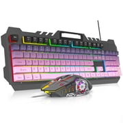 104-Key Gaming Keyboard and Mouse Combo, Rainbow RGB Backlit Keyboard and Mouse Wired with Metal Panel for PC Windows, Pink