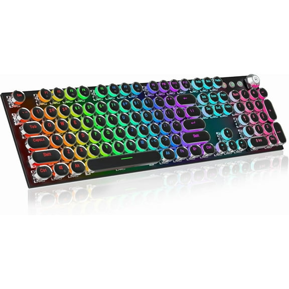 Hnjugfe Typewriter Style Mechanical Gaming Keyboard with Volume Knob Rainbow LED Backlit Full Size 104-Key Clicky Blue Switches Retro Steampunk Round Keycaps Wired USB, Black