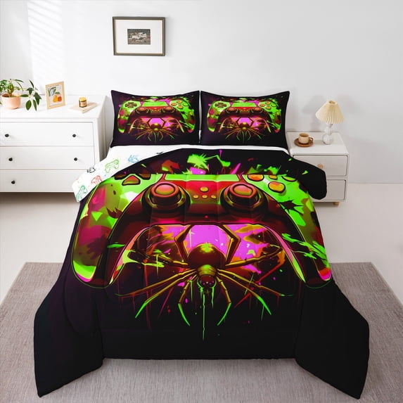 Gaming Queen Comforter Set - Gamer Comforter Queen Size Bedding Set, Gothic Giant Spider Green Yellow Purple Gamer Room Decor