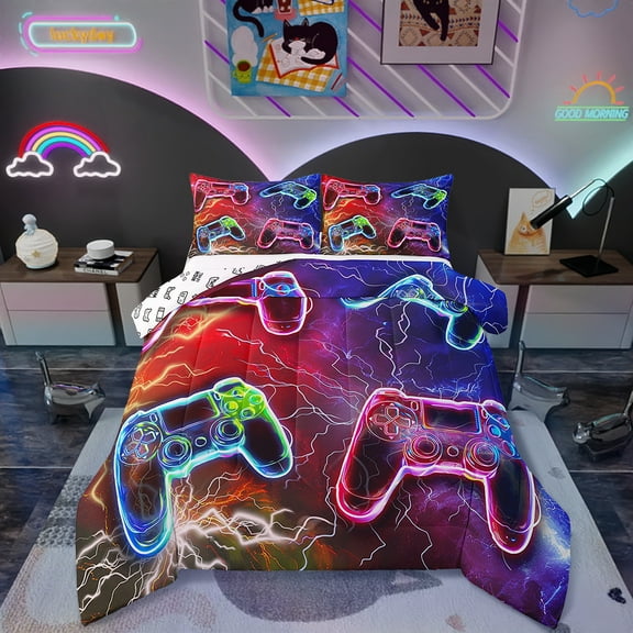 Gaming Queen Comforter Set - Gamer Comforter Queen Size Bedding Set, Red Blue Lightning Design Gamer Room Decor