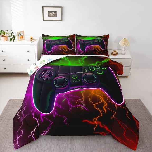 Gaming King Size Comforter Set - Gamer Comforter Bedding Sets, Colorful Lightning Design Red Green Purple Gamer Room Decor