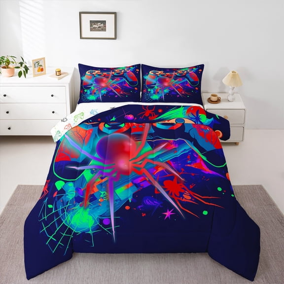 Gaming King Size Comforter Set - Gamer Comforter Boys Bedding Sets, Ghost Spider Web Halloween Decorations Red Blue Green Gamer Room Decor for Boys