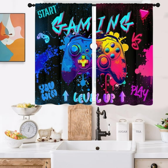 Gaming Kitchen Curtains Mini 27.5'''' W x 39'''' L Graffiti Gamepad for Gamer Boys Kids Teen Colorful Splashed Ink Cute Video Games Short Small Cafe Room Window Drapes Treatment Tiers Fabric 1 Pair