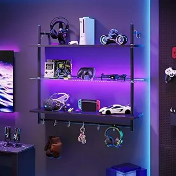 LED Floating Shelves for Wall, 41" Wall Mounted Shelf Pipe Glass Shelves, 3 Tier Hanging Display Rack with 8 S-Hooks Tow, Kitchen Gaming Room Wall D r, Carbon Fiber Black