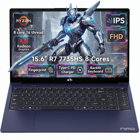 Gaming Laptop, AMD Ryzen 7 7735HS 8 Cores, 15.6" FHD IPS 180° View, 16GB DDR5 512GB SSD, Win 11, Fingerprint, Backlit Keyboard, 100W Fast Charging, WiFi 6E Computer, for Business & Student, Blue