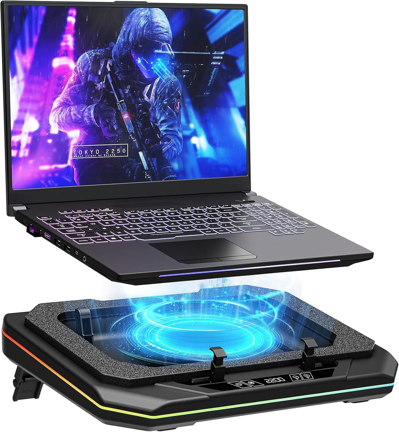 Gaming Laptop Cooling Pad, Height Adjustable Fan Pad for Max 19 Inches Notebook, RGB Cooler Stand with Powerful Turbofan (3500 RPM), Touch Control