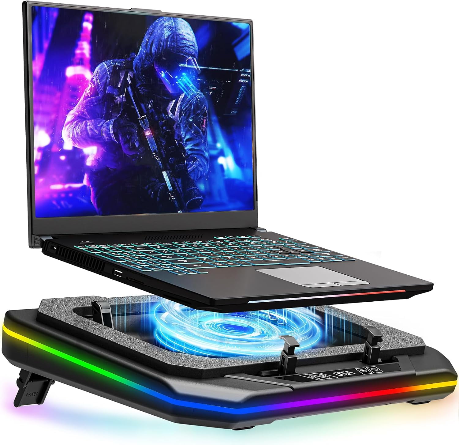 Gaming Laptop Cooling Pad, RGB Cooler Stand with Powerful Turbofan (3500 RPM), Height Adjustable Fan Pad for 13-19 Inches Notebook, Sealed Foam, Touch Control