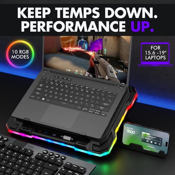 Gaming Laptop Cooling Pad with USB Hub - Boost Performance, Stay Comfortable - RGB Laptop Cooler Stand with Adjustable Height & Fan Speed, RGB, USB (C + A) Hub, for 15.6" - 19" Laptops