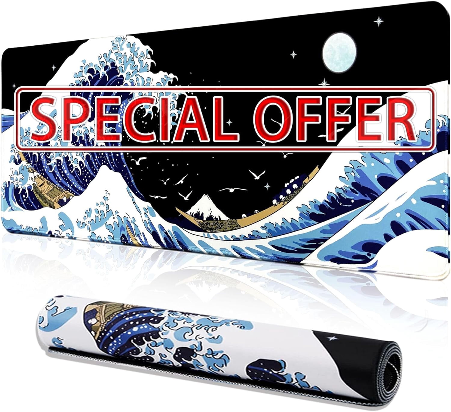 Gaming Laptop Mouse Pad,Sea Wave Big Mice Pads PC Keyboard Waterproof and Non-Slip 35.4 x 15.7" 0.12" Thick Thick XL,XXL Rubber Table Mat, Kanagawa Surfing and Black Japanese Mouse Pads