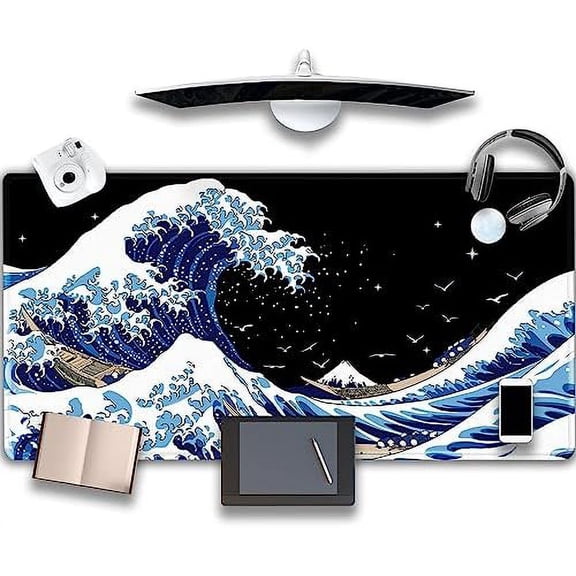 Gaming Laptop Mouse Pad,Sea Wave Big Mice Pads PC Keyboard Waterproof and Non-Slip 47.2" x 23.6" 0.15" Thick XL,XXL Rubber Table Mat, Kanagawa Surfing and Black Japanese Mouse Pads