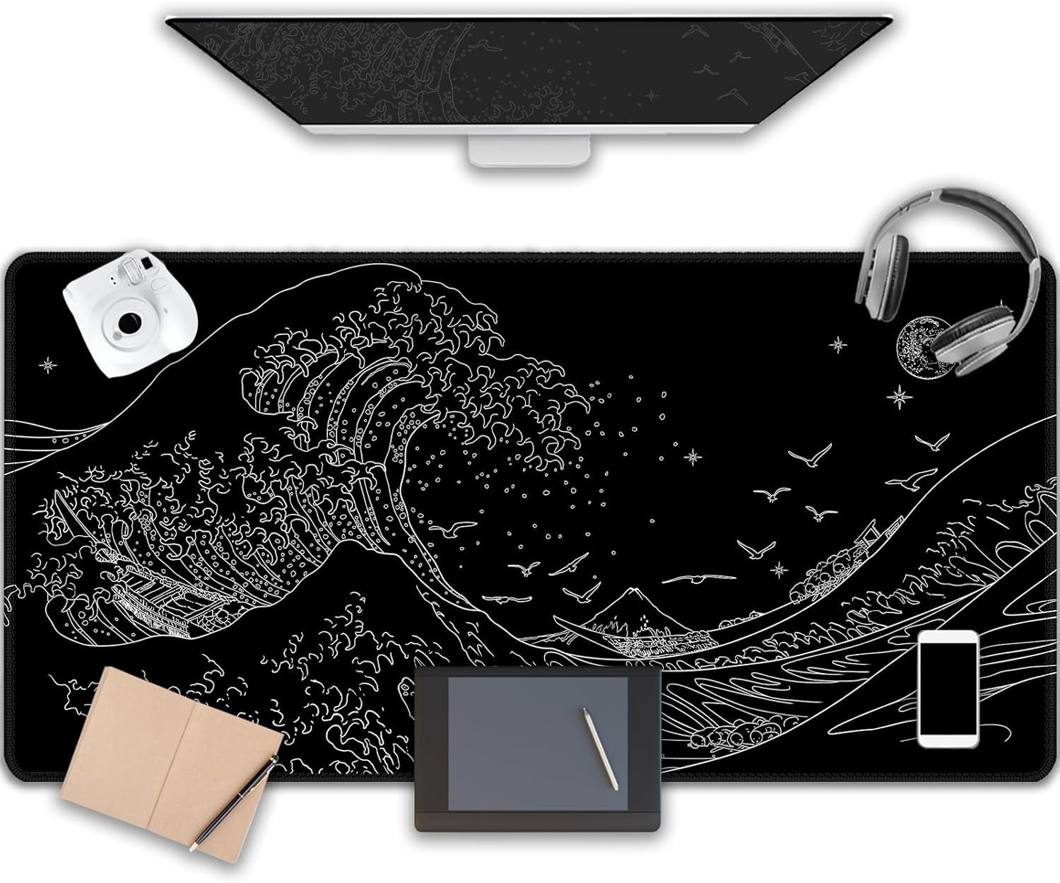 Tappetino Mouse Gaming XXL Onda Marina, Impermeabile E Antiscivolo, 80x30 Cm, Con Scorciatoie Per Excel, Word, PPT