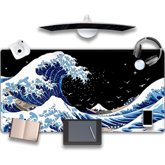 Gaming Laptop Mouse Pad,Sea Wave Big Mice Pads PC Keyboard Waterproof and Non-Slip 47.2" x 23.6" 0.15" Thick XL,XXL Rubber Table Mat, Kanagawa Surfing and Black Japanese Mouse Pads