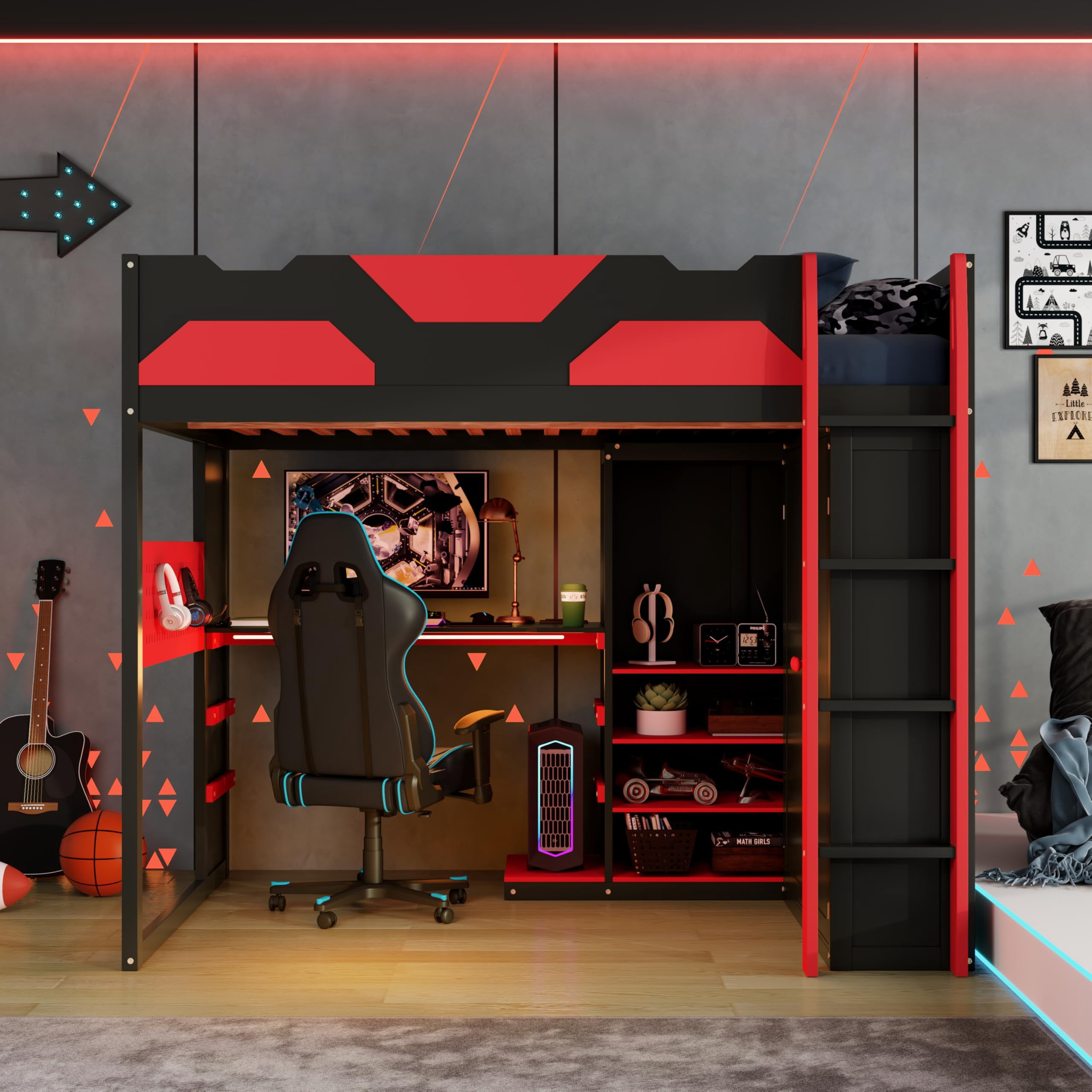 Gaming Loft Bed with Desk and Storage Shelves, Loft Bed with Charging ...