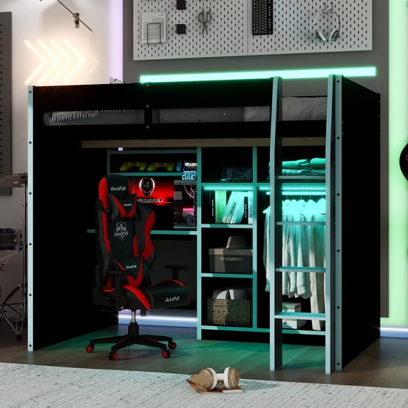 Gaming Loft Bed Full Size, Wood Loft Bed with Desk, RGB LED Lights, Open Wardrobe & Storage Shelves, Gaming Bed with Workstation for Gamers, Teens, Blue