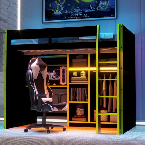 Full Size Gamer Loft Bed with Desk, RGB LED Lights & Storage, Wood Loft Bed with Open Wardrobe, Gaming Bed with USB Ports,Green