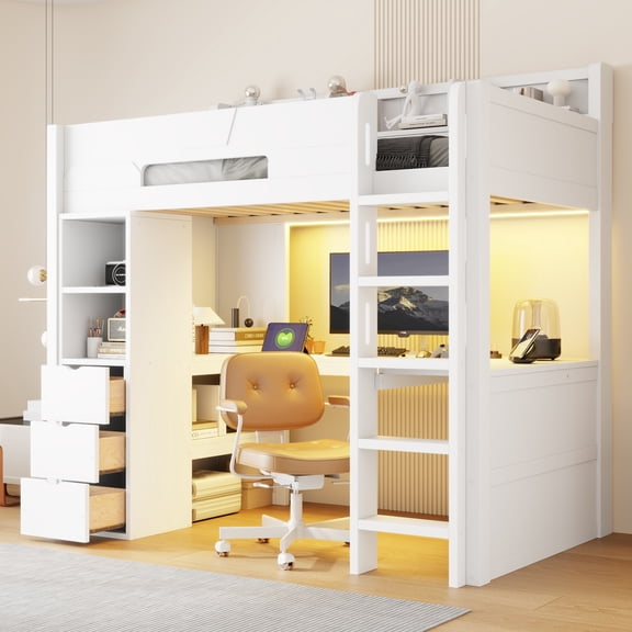 Gaming Loft Bed with LED-Lit & Sturdy Build, Metal Frame  White  tucking away books, massive gaming consoles, and heavy folders