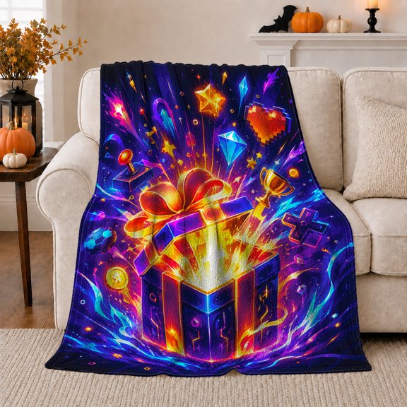 Gaming Loot Explosion Treasure Chest, Mystical Fantasy Scene, Warm Flannel Blanket for Home Library and Reading Nook, Celestial Art Lovers Valentine's Day Gift, Fantasy Home Decor