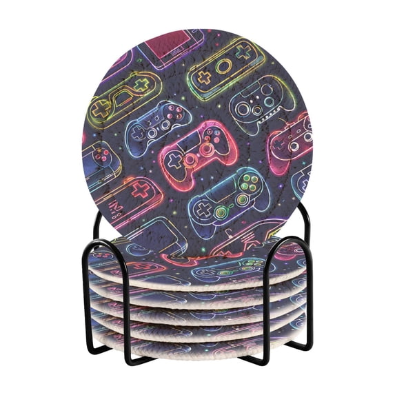 Gaming Machines Multicoloured 6 Pcs Drink Coasters with Holder Absorbent Coasters Woven Coasters for Drinks Table Desk Protection Home Decor