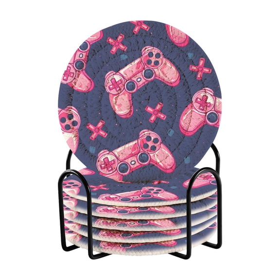Gaming Machines Pink 6 Pcs Drink Coasters with Holder Absorbent Coasters Woven Coasters for Drinks Table Desk Protection Home Decor