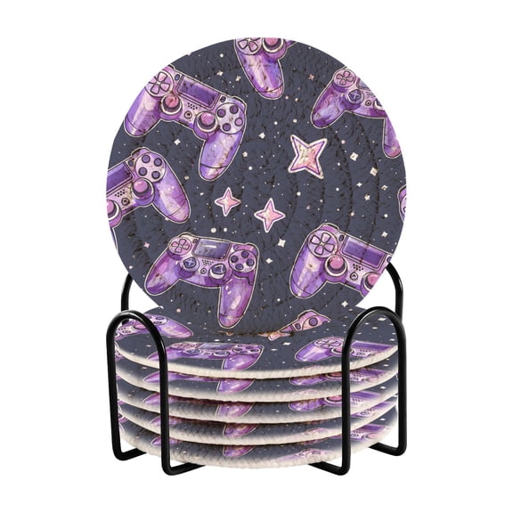 Gaming Machines Purple 6 Pcs Drink Coasters with Holder Absorbent Coasters Woven Coasters for Drinks Table Desk Protection Home Decor