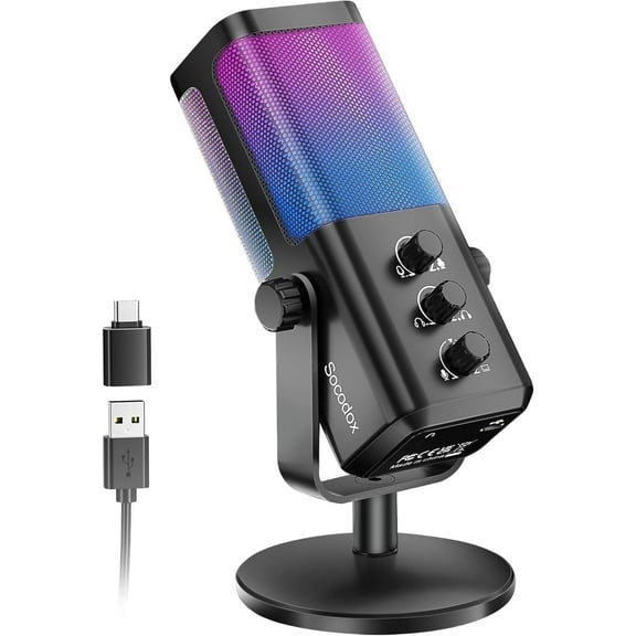 Socodox RGB Gaming Microphone with Game Voice Balance & Noise Cancellation, USB Condenser Mic for Podcast/Streaming/Recording/Discord/Asmr, Compatible with PC/PS4/PS5/Mac