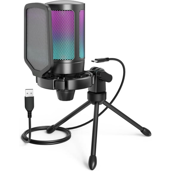 Gaming Microphone Condenser Mic with Quick Mute, RGB Indicator, Tripod Stand, Pop Filter, Shock Mount,Gain Control