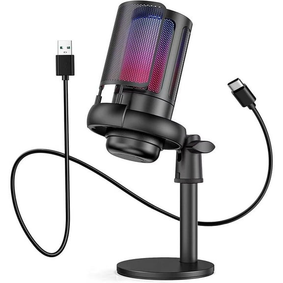 Gaming Microphone,USB Computer Microphone for PC,Laptop,Condenser Mic RGB,Stand Mic,Cardioid Mic with Quick Mute and Headphone Jack,Recording,YouTube,Game Monitoring,Live Streaming,Podcast & Singing