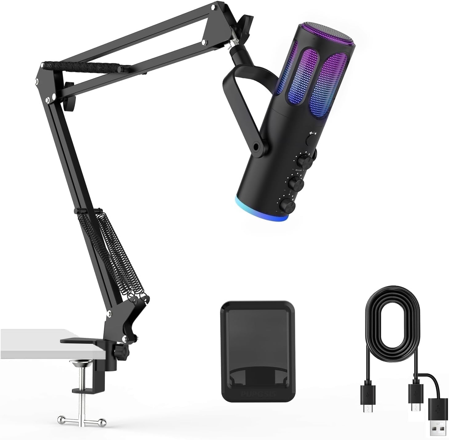 Pupgsis USB Condenser Gaming Microphone with Noise Reduction, Mute, Reverb, Monitor, Adjustable Stand for PC, PS4, PS5, Mac, Podcasting