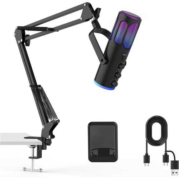 Pupgsis USB Condenser Gaming Microphone with Noise Reduction, Mute, Reverb, Monitor, Adjustable Stand for PC, PS4, PS5, Mac, Podcasting