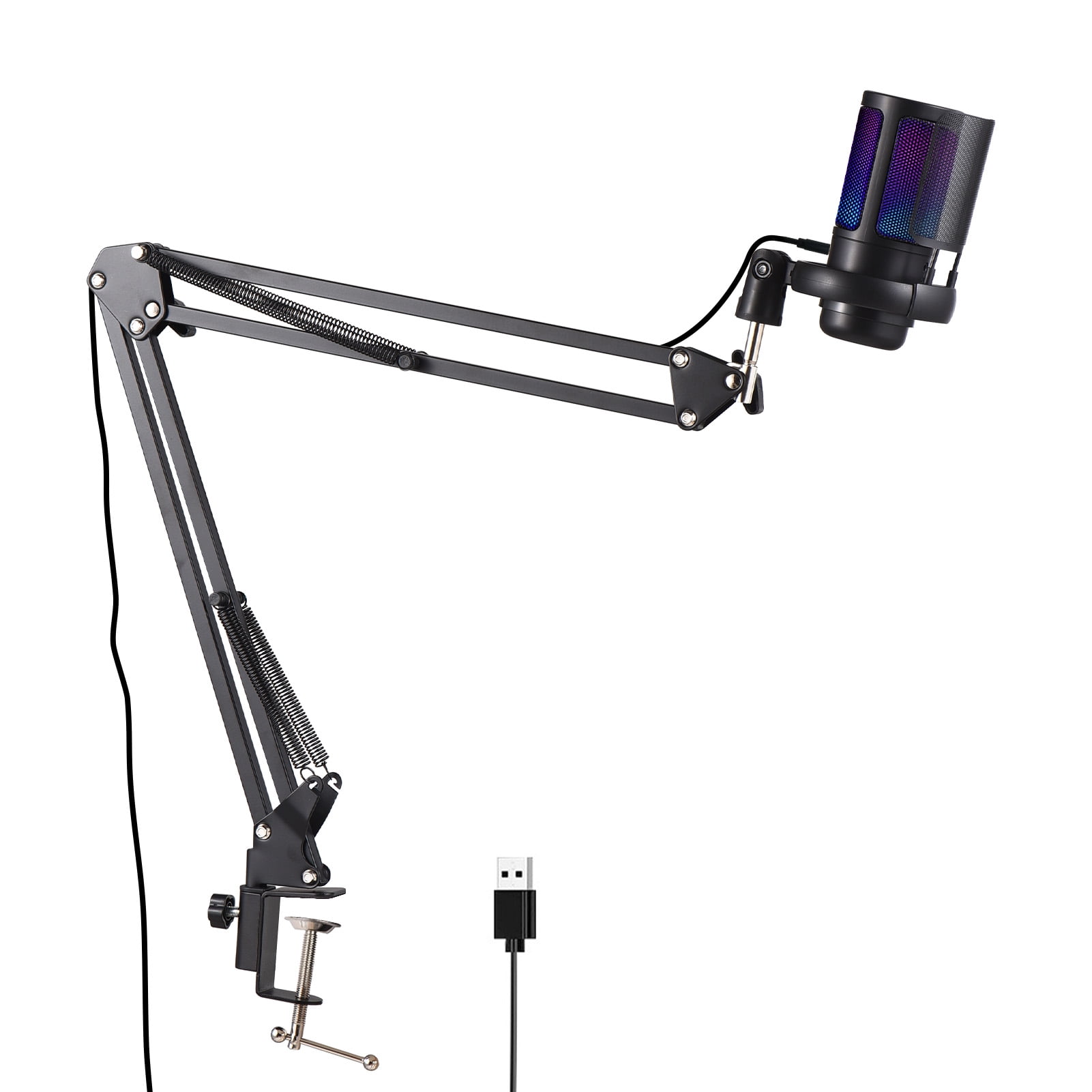 Gaming Microphone USB Microphone Set for PC Condenser Mic Gain Control Colorful Atmosphere Lighting with Anti-spray Net and Arm Stand Plug and Play for Streaming Podcast Recording