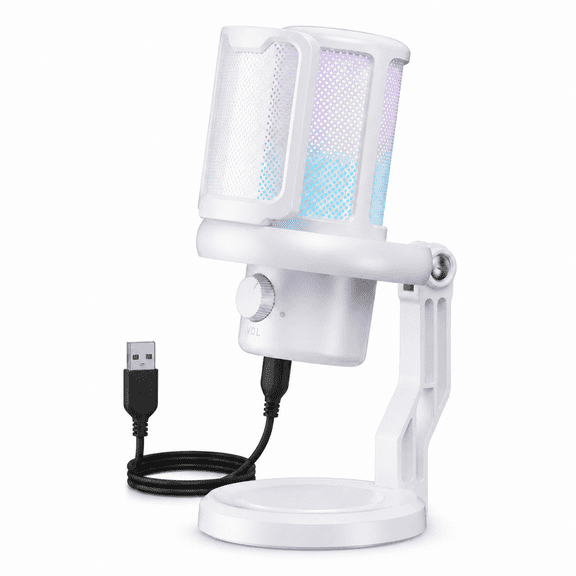 Microphone for Computer, USB Gaming Mic with RGB Light, Noise Cancelling, Plug & Play PC Microphone for Streaming Podcast Gaming,White