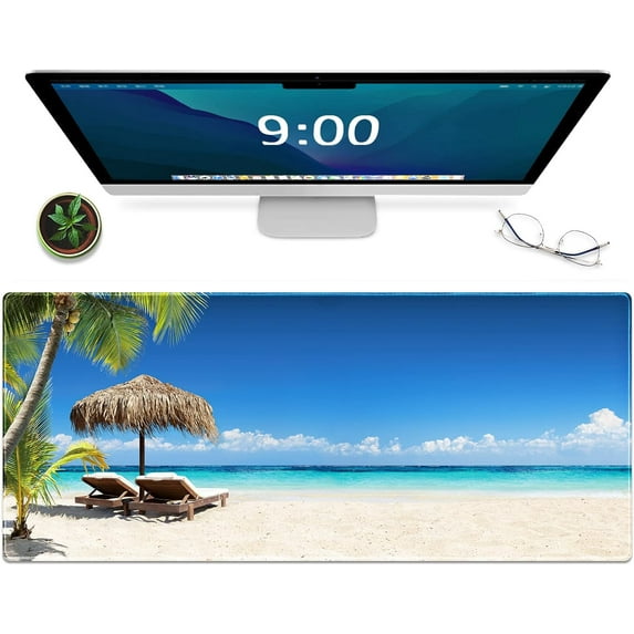 Gaming Mouse Pad Beach Pattern XXL XL Large Mouse Pad Mat Long Extended Mousepad Desk Pad Non-Slip Rubber Mice Pads Stitched Edges Thin Pad (31.5x11.8x0.12 Inch)- Tropical Palm Sea and Beach