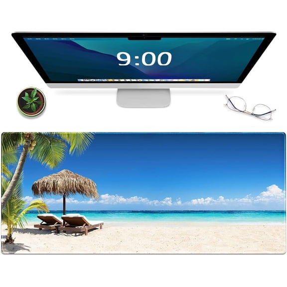 Gaming Mouse Pad Beach Pattern XXL XL Large Mouse Pad Mat Long Extended Mousepad Desk Pad Non-Slip Rubber Mice Pads Stitched Edges Thin Pad (31.5x11.8x0.12 Inch)- Tropical Palm Sea and Beach