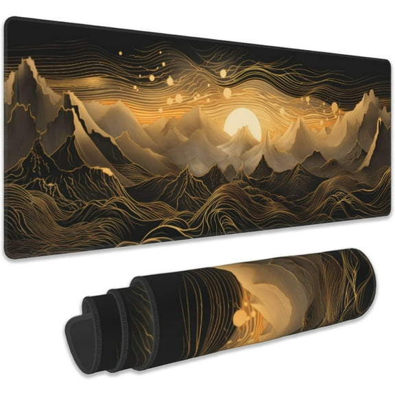 Gaming Mouse Pad,Black and Gold Mountains Landscape Extended Mouse Pad Gaming Large, 31.5"x11.8" Line Art Desk Mat with Non-Slip Base and Stitched Edge,Computer Keyboard Mouse Mat for Home Office Work