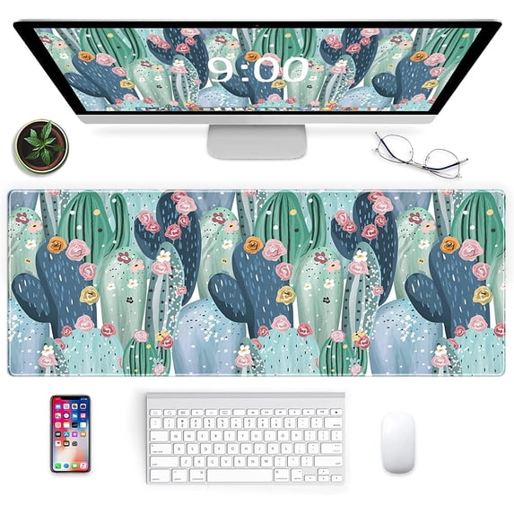 Gaming Mouse Pad Cactus Pattern XXL XL Large Mouse Pad Mat Long Extended Mousepad Desk Pad Non-Slip Rubber Mice Pads Stitched Edges Thin Pad (31.5x11.8x0.12Inch)-Green Cactus