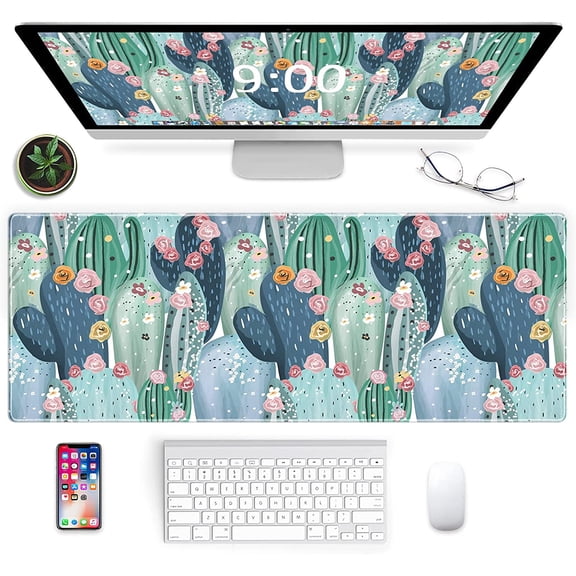 Gaming Mouse Pad Cactus Pattern XXL XL Large Mouse Pad Mat Long Extended Mousepad Desk Pad Non-Slip Rubber Mice Pads Stitched Edges Thin Pad (31.5x11.8x0.12Inch)-Green Cactus
