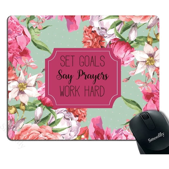 Gaming Mouse Pad Custom,Set Goals Say Prayers Work Hard Floral Mouse Pad - Neoprene Inspirational Quote Mousepad
