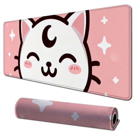 Gaming Mouse Pad Cute White Cat Large Desk Office Decor Mouse Pad for Women Mouse Mat Desk Pad Non-Slip Rubber Base with Stitched Edges