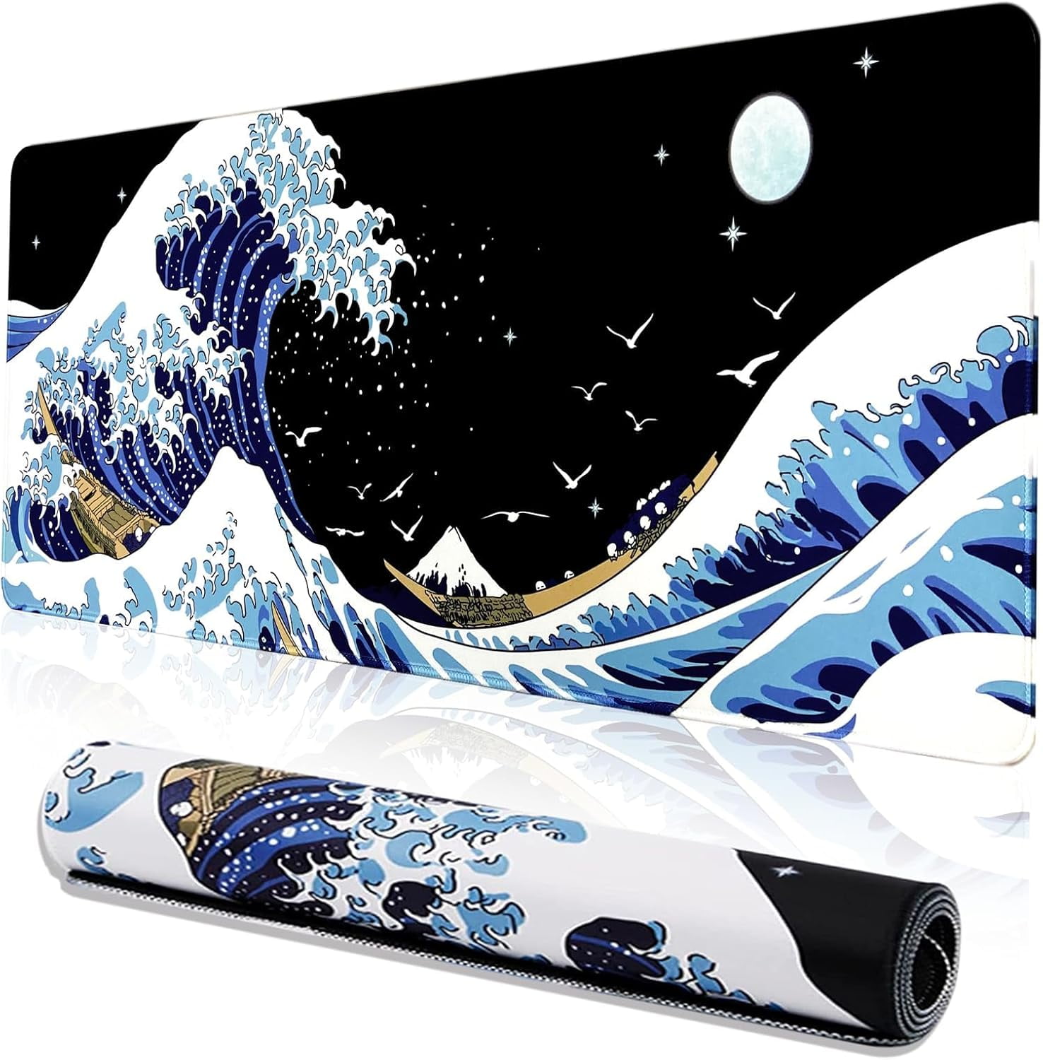 Gaming Mouse Pad for Desk,Large Wave Mousepad Laptop,Black Japanese Anime Mouse Mat,Long XXL Waterproof Keyboard Pads,Big Non-Slip Mousepads for Game Office Home（31.5 x 11.9 in）