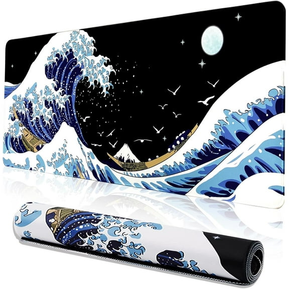 ® Gaming Mouse Pad for Desk,Large Wave Mousepad Laptop,Black Japanese Anime Mouse Mat,Long XXL Waterproof Keyboard Pads,Big Non-Slip Mousepads for Game Office Home（31.5 x 11.9 in）