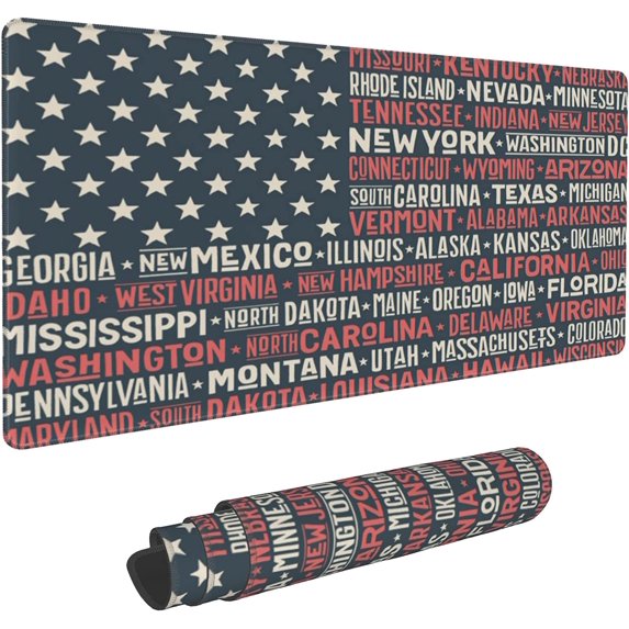 Gaming Mouse Pad,Desk Mat Extended Large America Flag with States Name Mouse Pad Mat with Non-Slip Base Stitched Edges Mousepad for Computer,Office,Keyboard and Laptop 31.5''''×15.7''''×0.12''''