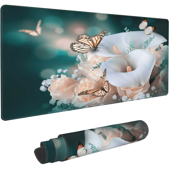 Gaming Mouse Pad,Desk Mat Extended Large Butterfly Yellow Roses Mouse Pad Mat with Non-Slip Base Mousepad for Computer,Office,Keyboard and Laptop 31.5×15.7×0.12