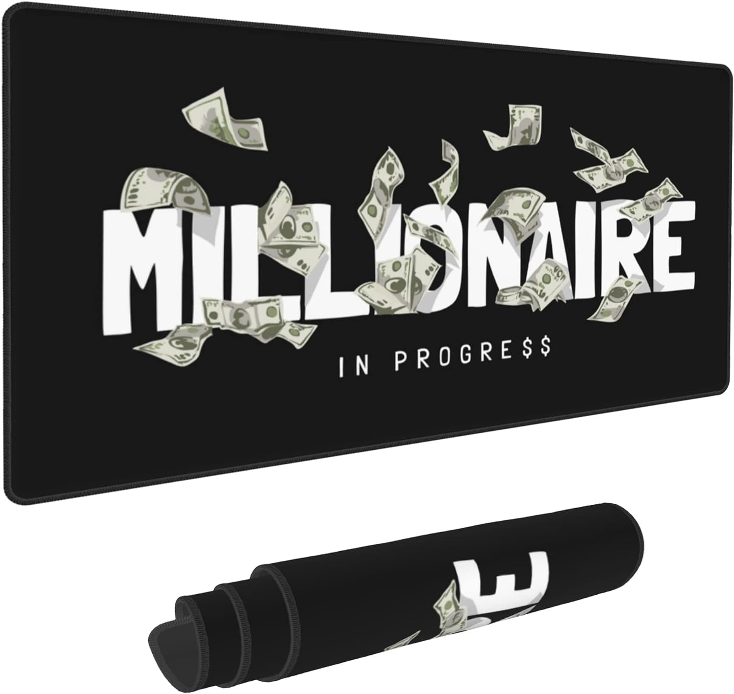 Gaming Mouse Pad,Desk Mat Extended Large Millionaire Slogan with Flying Banknote Mouse Pad Mat with Non-Slip Base Stitched Edges Mousepad for Computer,Office,Keyboard 31.5''×15.7''