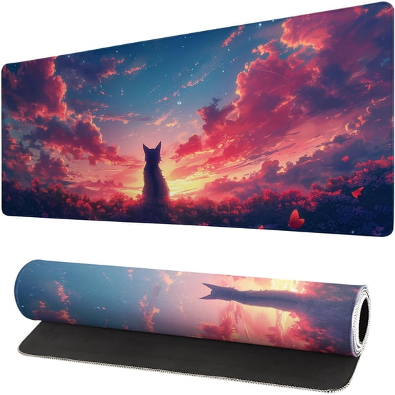 Gaming Mouse Pad Desk Pad,Extended Big Mouse Pad,31.5x11.8 Inch Long Computer Keyboard Mouse Mat Mousepad with 3mm Non-Slip Base and Stitched Edge for Gaming and Office\u2026 (Sunset Cat)