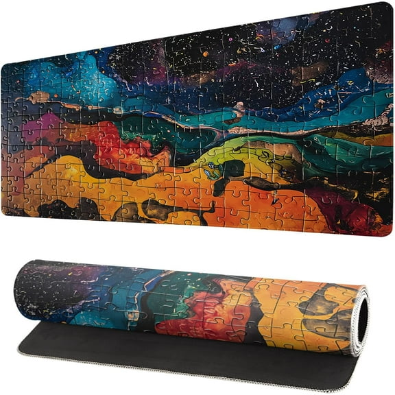 Gaming Mouse Pad Desk Pad,Extended Big Mouse Pad,31.5x11.8 Inch Long Computer Keyboard Mouse Mat Mousepad with 3mm Non-Slip Base and Stitched Edge for Gaming and Office\u2026 (Watercolor puzzle)