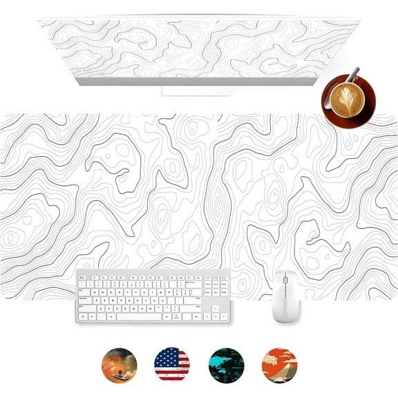 Gaming Mouse Pad for Desk, Topographic Contour Office Large Desk Mat, Long Computer Keyboard Mouse Mat Mousepad with Non-Slip Base and Stitched Edge, Gifts for Him