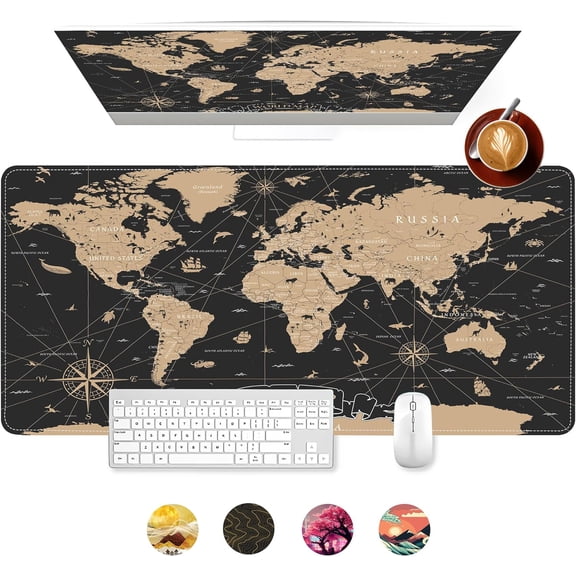 Gaming Mouse Pad for Desk, Vintage World Map Office Large Desk Mat, 31.5x11.8Inch Long Computer Keyboard Mousepad with Non-Slip Base and Stitched Edge, Gifts for Him